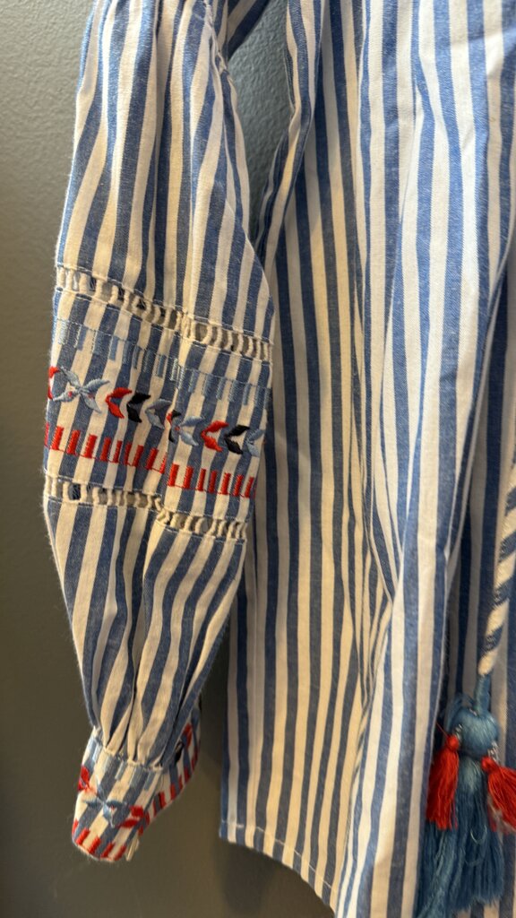 Striped Embroidered Tassel Blouse