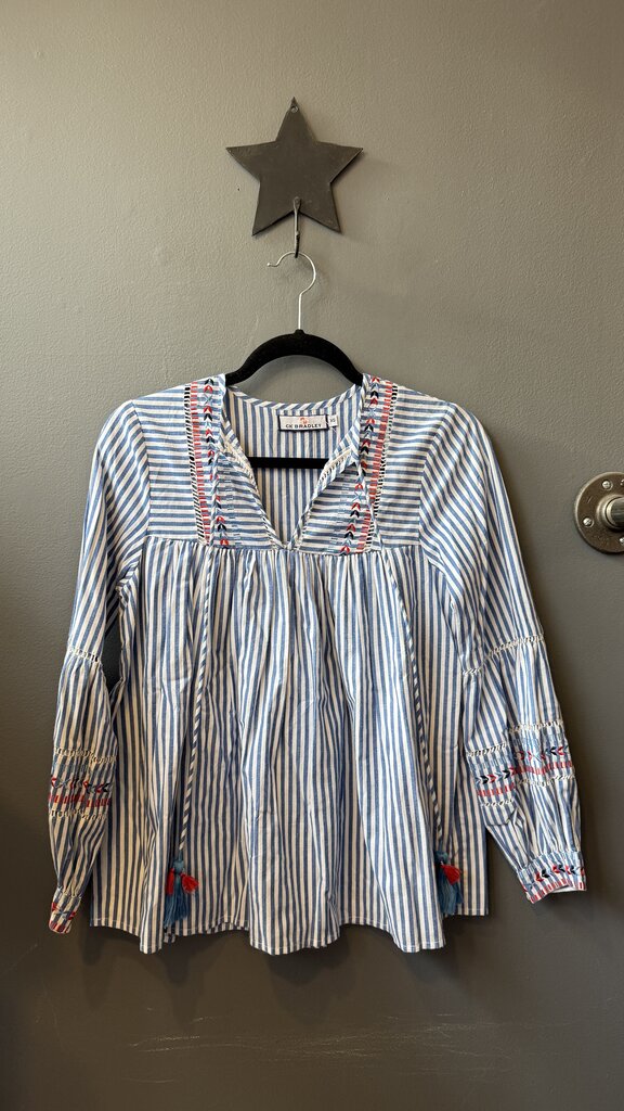 Striped Embroidered Tassel Blouse