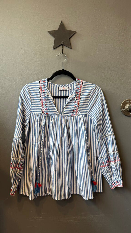 Striped Embroidered Tassel Blouse