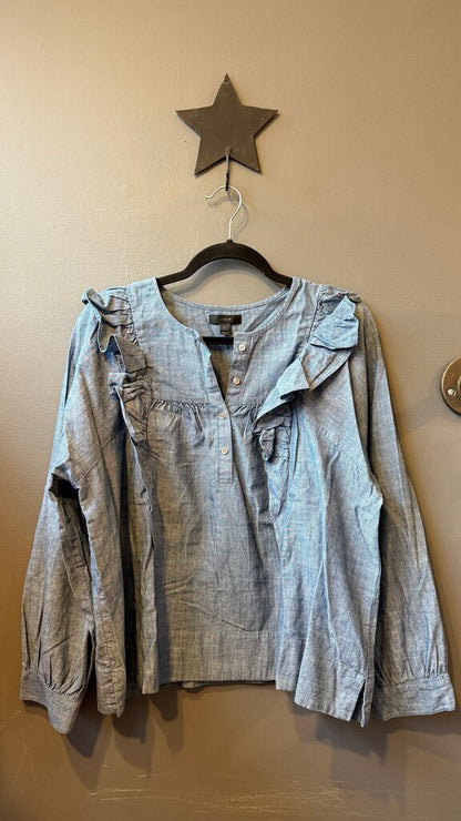 Ruffle Placket Chambray Blouse