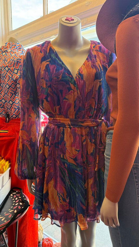 Floral Metallic Pleat Dress