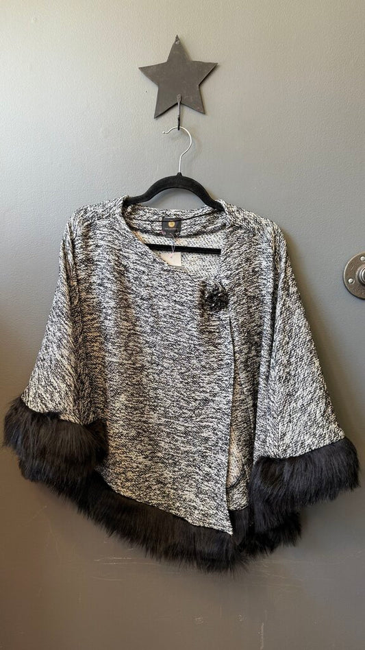 Broach Faux Fur Trim Poncho Topper