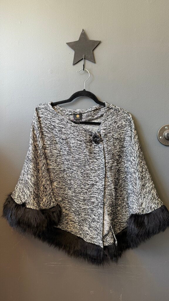 Broach Faux Fur Trim Poncho Topper