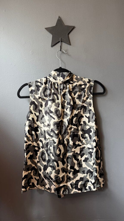 Silk Leopard Pussy Bow Sleeveless Blouse