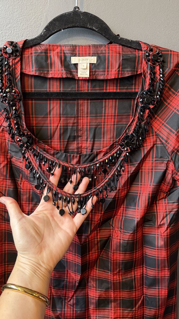 Silk Beaded Neckline Tartan Blouse