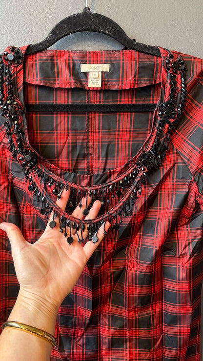 Silk Beaded Neckline Tartan Blouse