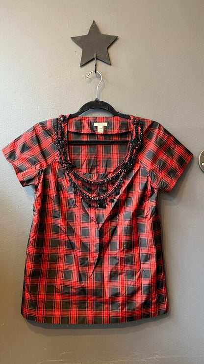 Silk Beaded Neckline Tartan Blouse