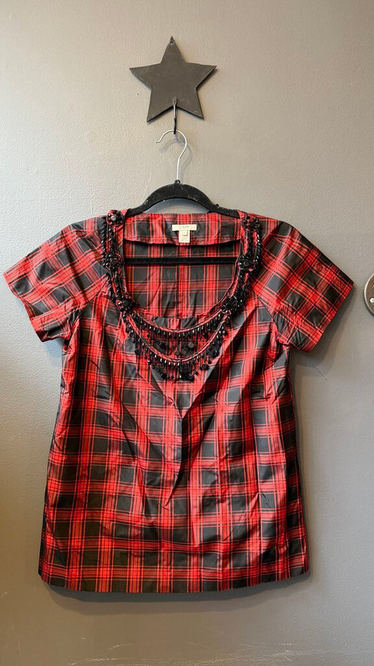 Silk Beaded Neckline Tartan Blouse