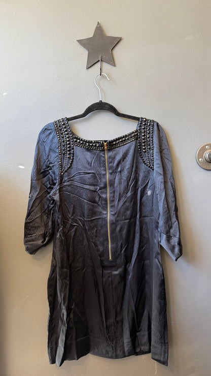 Satin Beaded Neckline Shift Dress