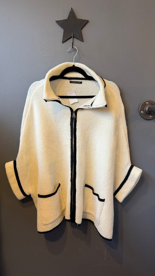 Black Trim Zip Up Sweater Poncho