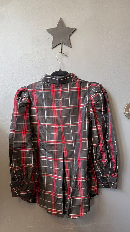 Silk Tartan Puff Shoulder Button Up Blouse