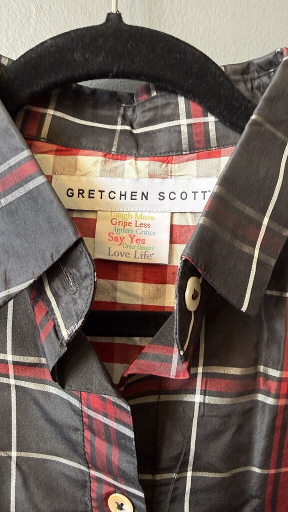 Silk Tartan Puff Shoulder Button Up Blouse