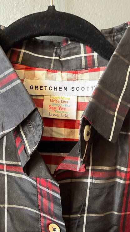 Silk Tartan Puff Shoulder Button Up Blouse