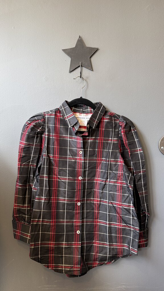 Silk Tartan Puff Shoulder Button Up Blouse