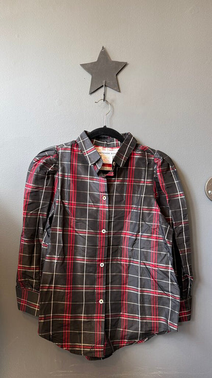 Silk Tartan Puff Shoulder Button Up Blouse