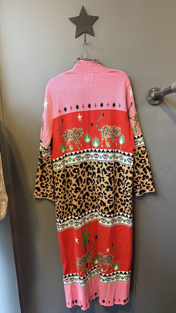 Leopard Colorblock Maxi Duster Cardigan Sweater