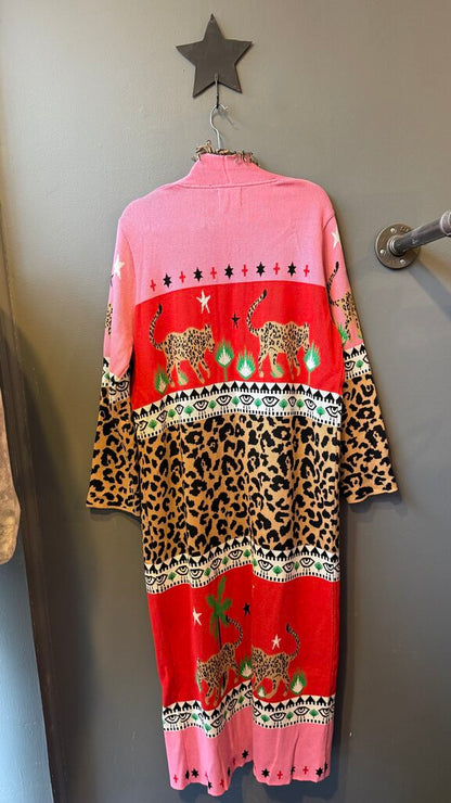 Leopard Colorblock Maxi Duster Cardigan Sweater