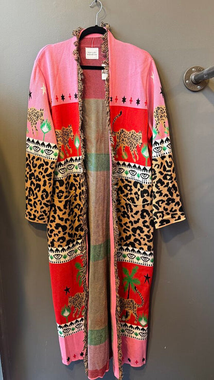 Leopard Colorblock Maxi Duster Cardigan Sweater