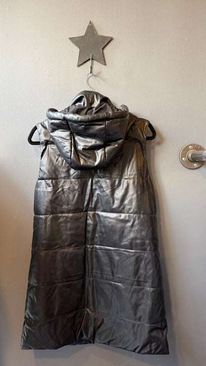 Faux Leather Puffer Long Vest