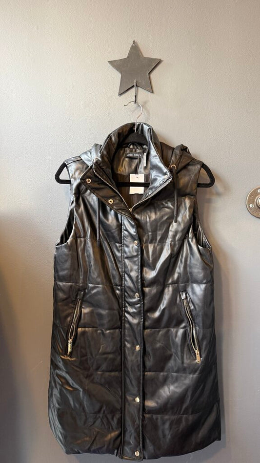 Faux Leather Puffer Long Vest