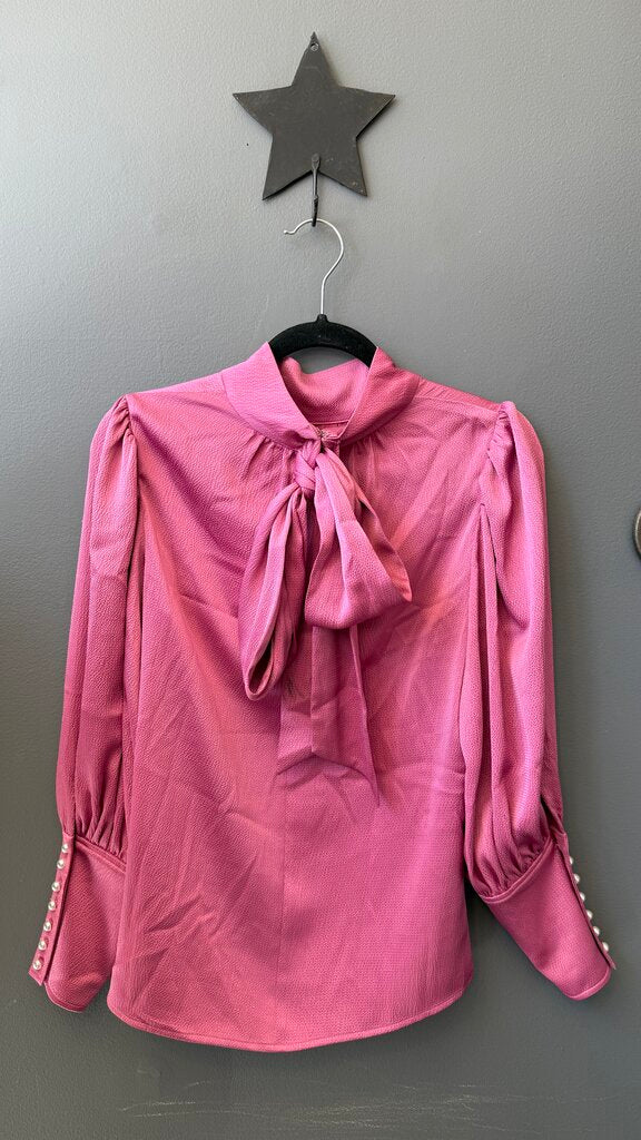 Crepe Satin Bow Pearl Button Blouse