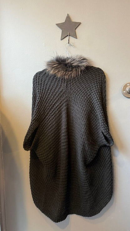 Raccoon Fur Trim Cocoon Cardigan Sweater