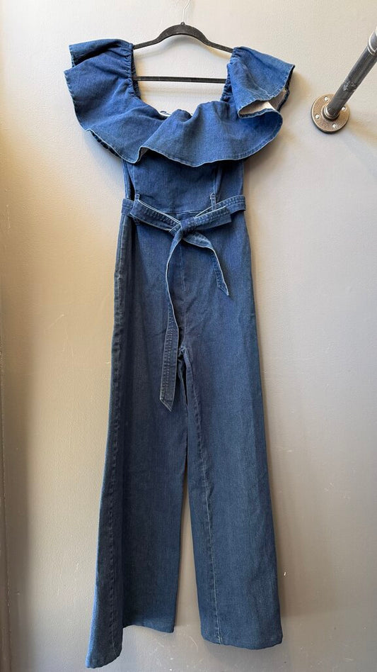 Off the Shoulder Ruffle Denim Jumpsuit