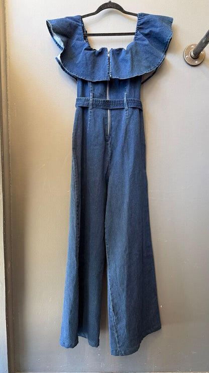 Off the Shoulder Ruffle Denim Jumpsuit