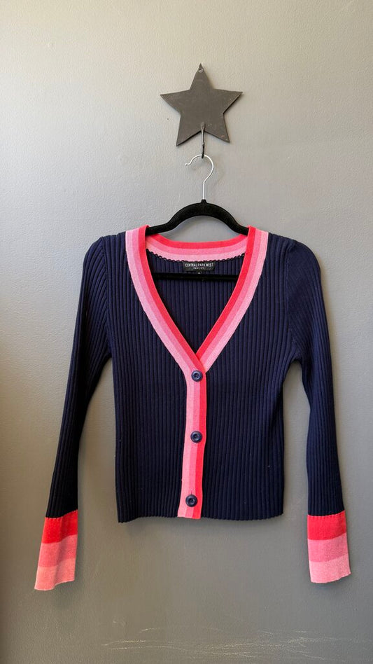 Ribbed Pink Trim Cardigan Sweater