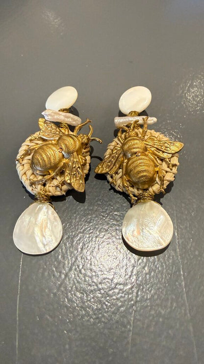Bee Rattan Pearl Earrings