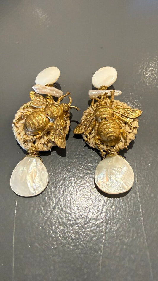 Bee Rattan Pearl Earrings