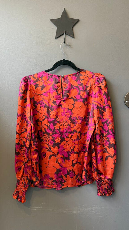 Puff Shoulder Satin Floral Blouse