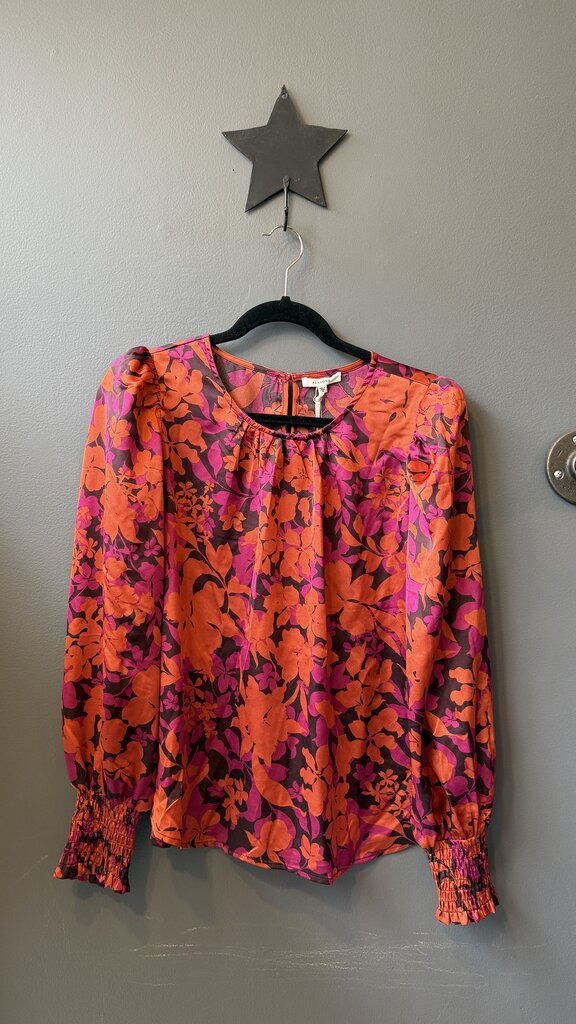 Puff Shoulder Satin Floral Blouse