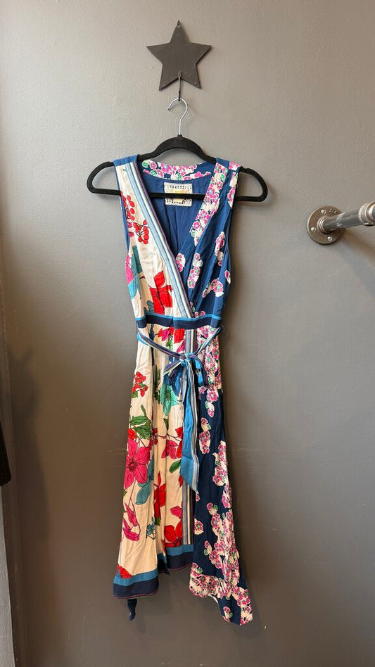 Floral Stripe Faux Wrap Midi Dress