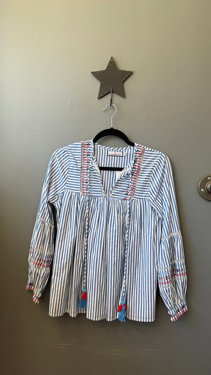 Striped Embroidered Tassel Blouse