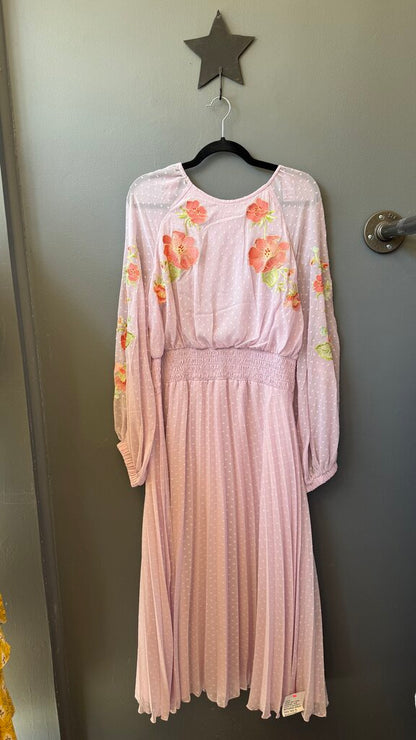 Swiss Dot Open Back Embroidered Midi Dress
