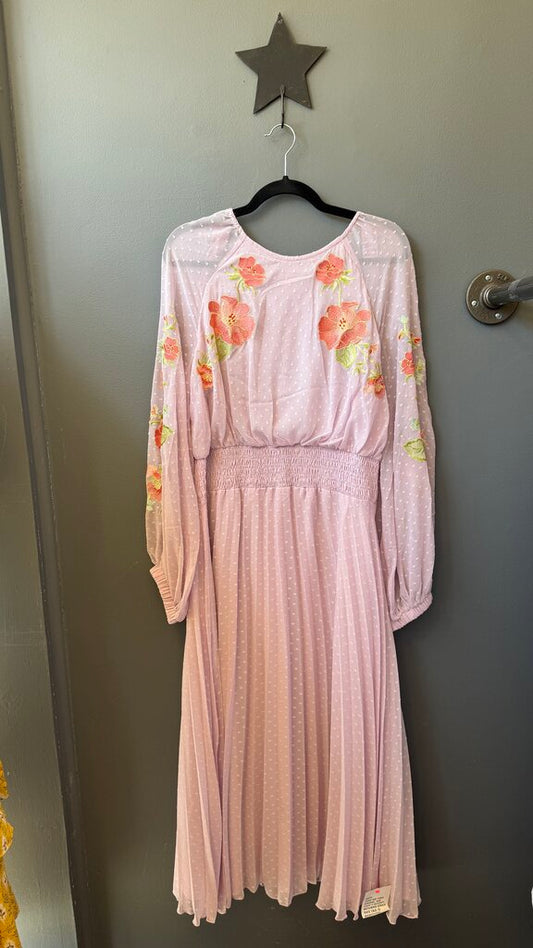 Swiss Dot Open Back Embroidered Midi Dress