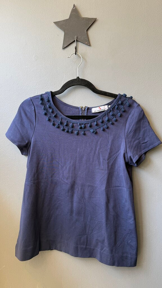 Pom Pom Neckline Short Sleeve Ponte Top