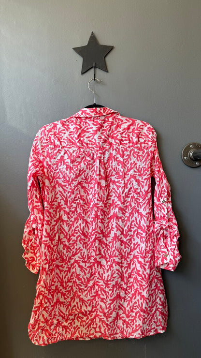 Coral Print Coverup Tunic Button Up