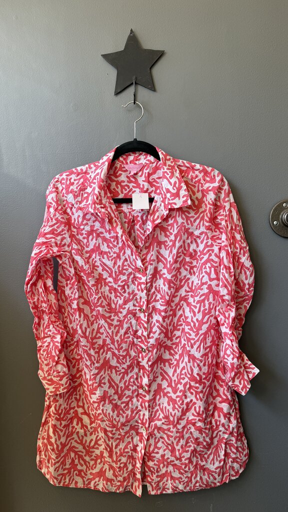 Coral Print Coverup Tunic Button Up