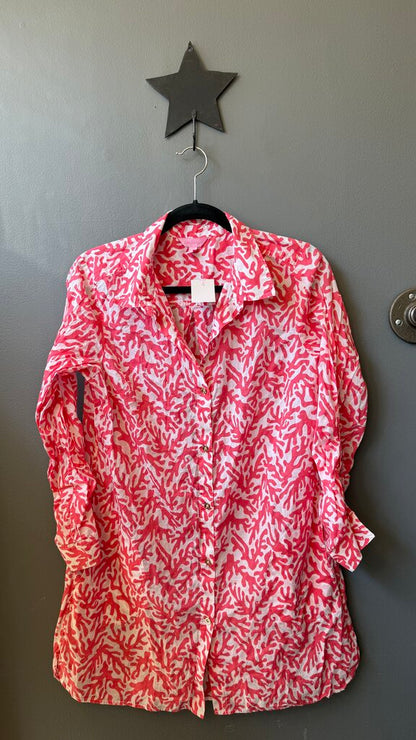 Coral Print Coverup Tunic Button Up