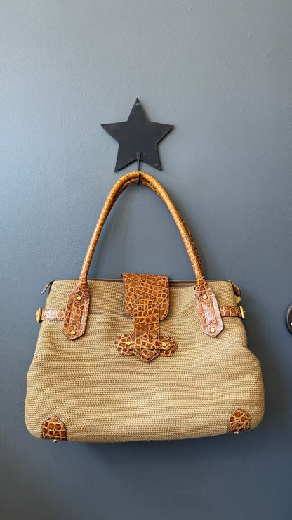 Leather Trim Woven Straw Bag