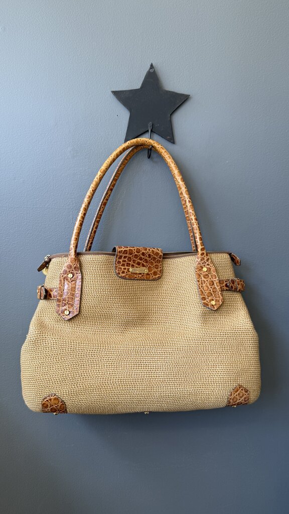 Leather Trim Woven Straw Bag