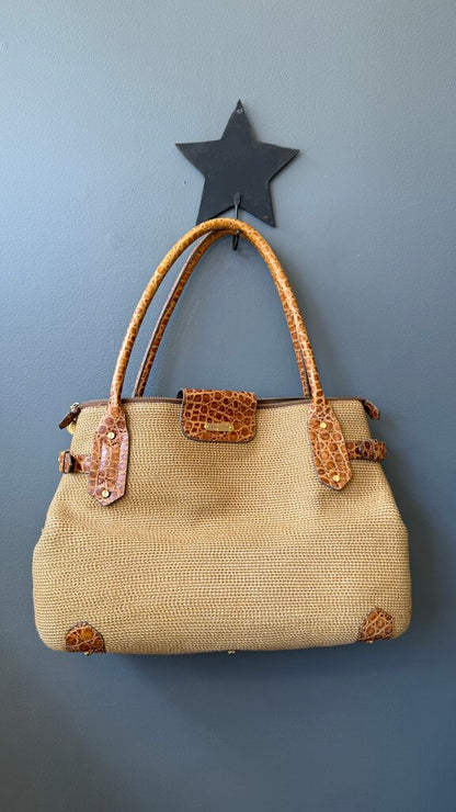 Leather Trim Woven Straw Bag