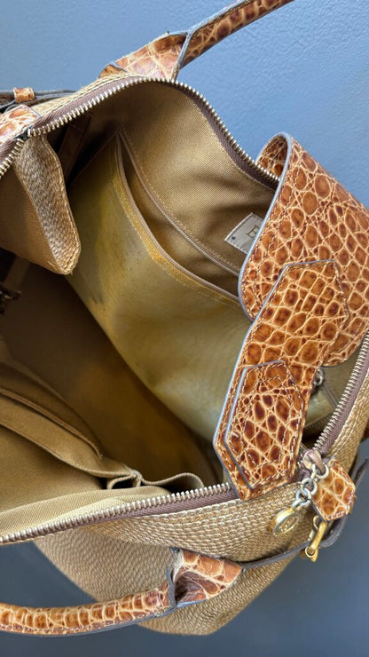 Leather Trim Woven Straw Bag