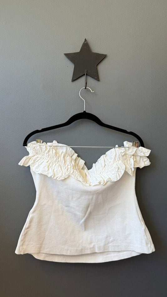 Ribbed Strapless Ruffle Top