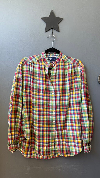 Vintage Cotton Ruffle Neck Button Up Shirt