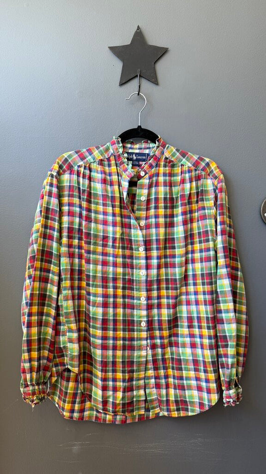 Vintage Cotton Ruffle Neck Button Up Shirt