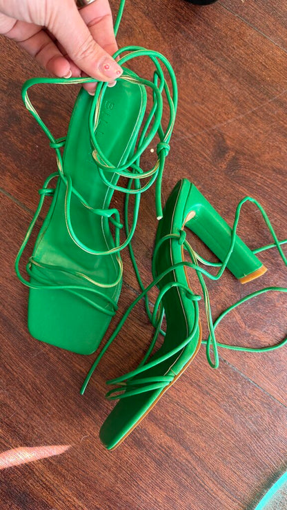 Strappy Tie Green Heeled Sandals