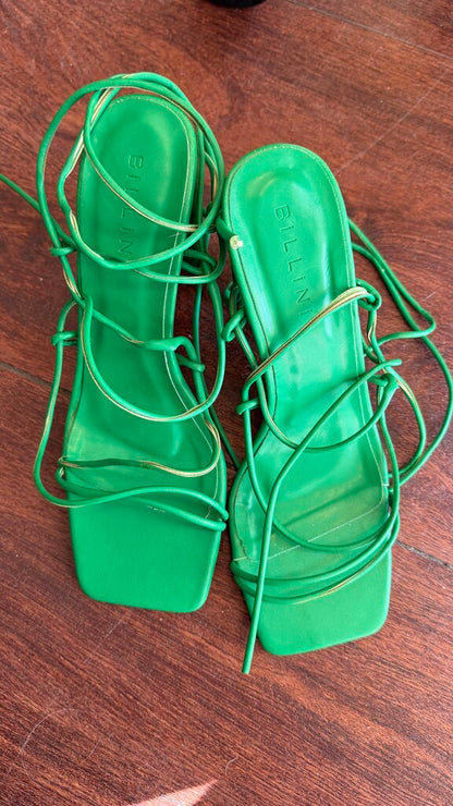 Strappy Tie Green Heeled Sandals